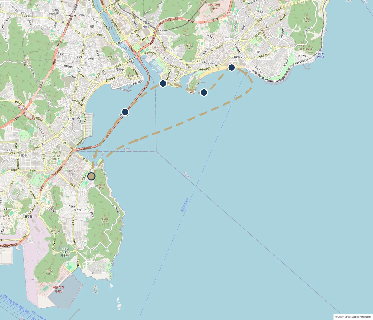 해운대·광안대교 코스 동선 지도